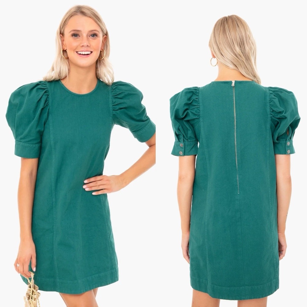 Sea NY Sz S Denim Mini Dress Puff Sleeve‎ 100% Cotton Cottagecore Peasant